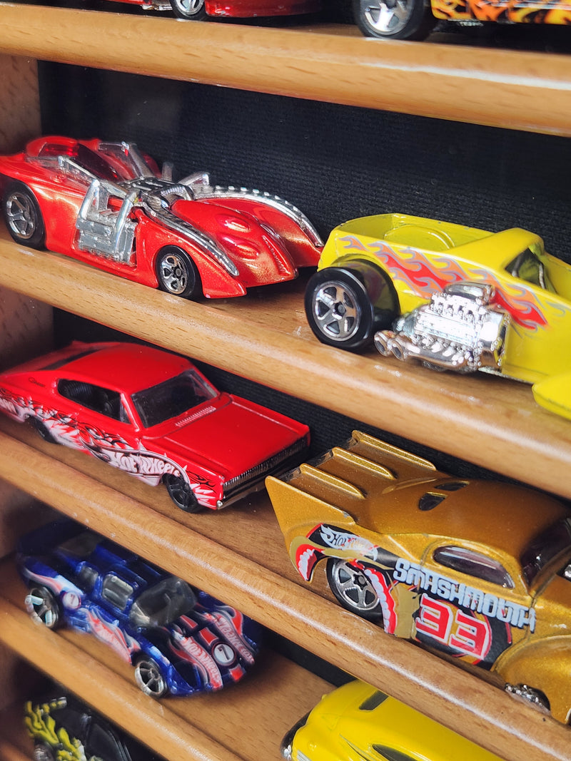 close-up of the shelves in XS Hot Wheels Display Case in Oak